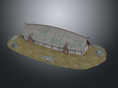 Cartoon Scene of Traditional Longhouse with Curved Grass Roof Wooden Walls Stones on Grassy Ground 3d model