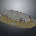 Cartoon Scene of Traditional Longhouse with Curved Grass Roof Wooden Walls Stones on Grassy Ground