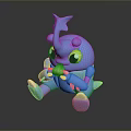 Adorable Blue Small Body Cartoon Game Movie Character Sitting With Big Eyes Holding Green Item