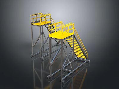 Industrial Mobile Platform Ladders With Yellow Railings And Metal Frames 3d model