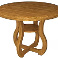 Wooden Round Dining Table With Unique Curved Legs And Lower Shelf