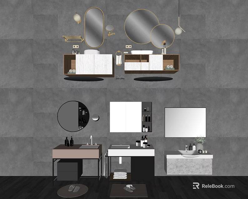 Modern Bathroom Sink Vanity Designs With Round Mirrors Cabinets And Lighting 3d model