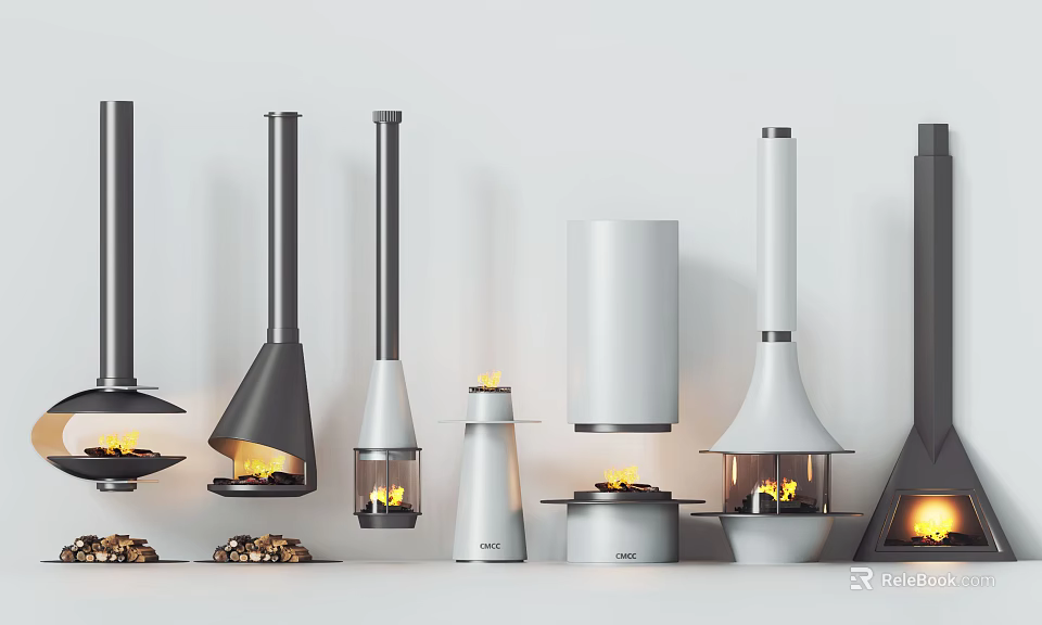 Various Modern Fireplace Designs in Black White Gray with Burning Fire and Wood Logs 3d model 