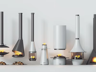 Various Modern Fireplace Designs in Black White Gray with Burning Fire and Wood Logs 3d model