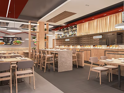 Modern Restaurant Interior With Wooden Tables Chairs Open Food Display And Pendant Lights 3d model