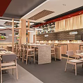 Modern Restaurant Interior With Wooden Tables Chairs Open Food Display And Pendant Lights