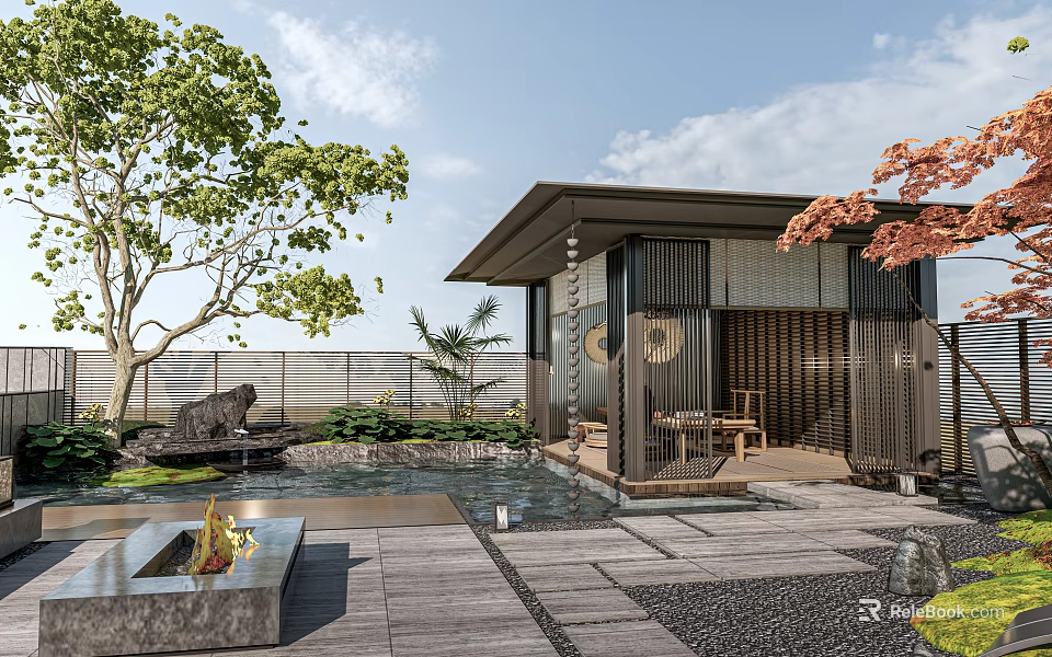 Japanese Style Courtyard Garden With Pond Stone Trees Wooden Pavilion And Outdoor Seating 3d model 