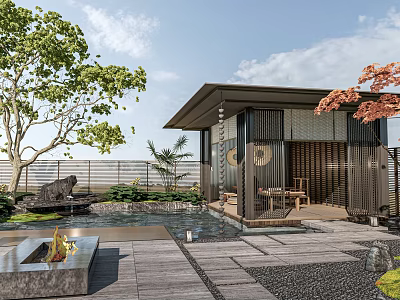 Japanese Style Courtyard Garden With Pond Stone Trees Wooden Pavilion And Outdoor Seating 3d model