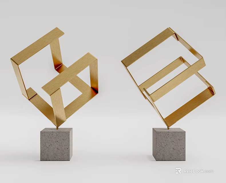 Geometric Decorative Ornament Set With Golden Frames And Gray Concrete Bases 3d model 