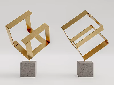 Geometric Decorative Ornament Set With Golden Frames And Gray Concrete Bases 3d model