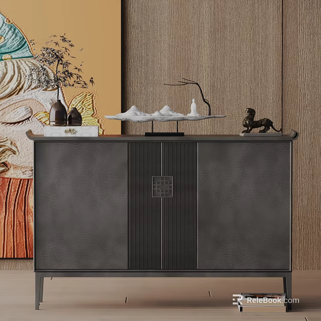 Modern Dark Console Cabinet With Decorative Sculptures And Wall Artwork 3d model