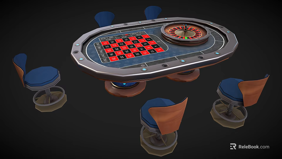 Casino Roulette Table Gaming Equipment With Wooden Metal Frame And Blue Seats 3d model 