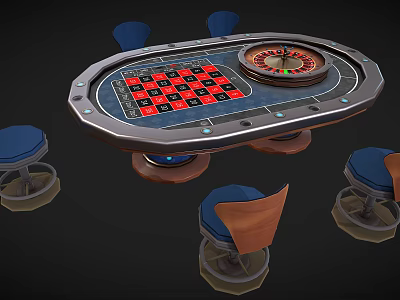 Casino Roulette Table Gaming Equipment With Wooden Metal Frame And Blue Seats 3d model