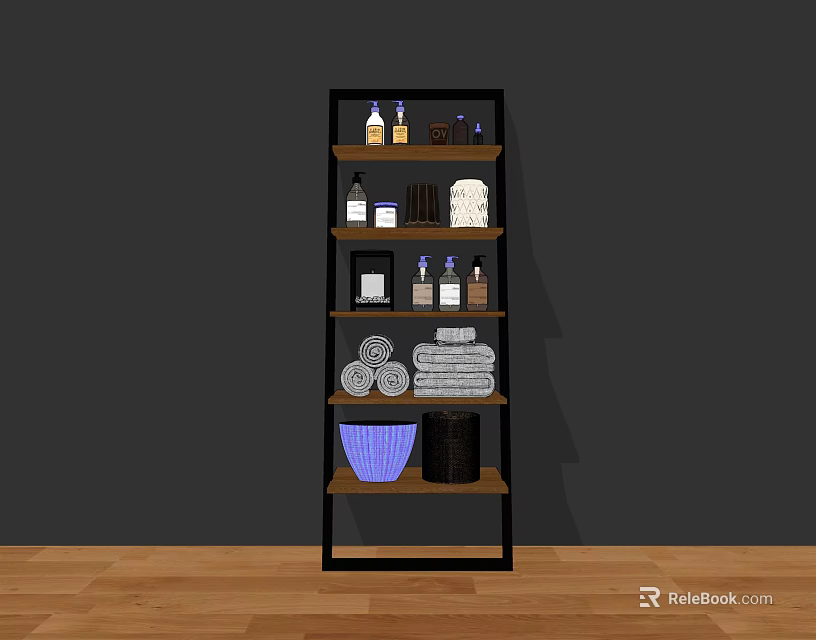 Modern Bathroom Accessories On Multi Tiered Shelf With Towels Bottles And Basket 3d model 