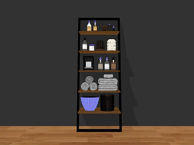 Modern Bathroom Accessories On Multi Tiered Shelf With Towels Bottles And Basket 3d model