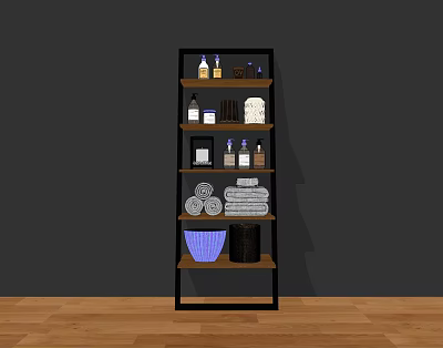 Modern Bathroom Accessories On Multi Tiered Shelf With Towels Bottles And Basket 3d model
