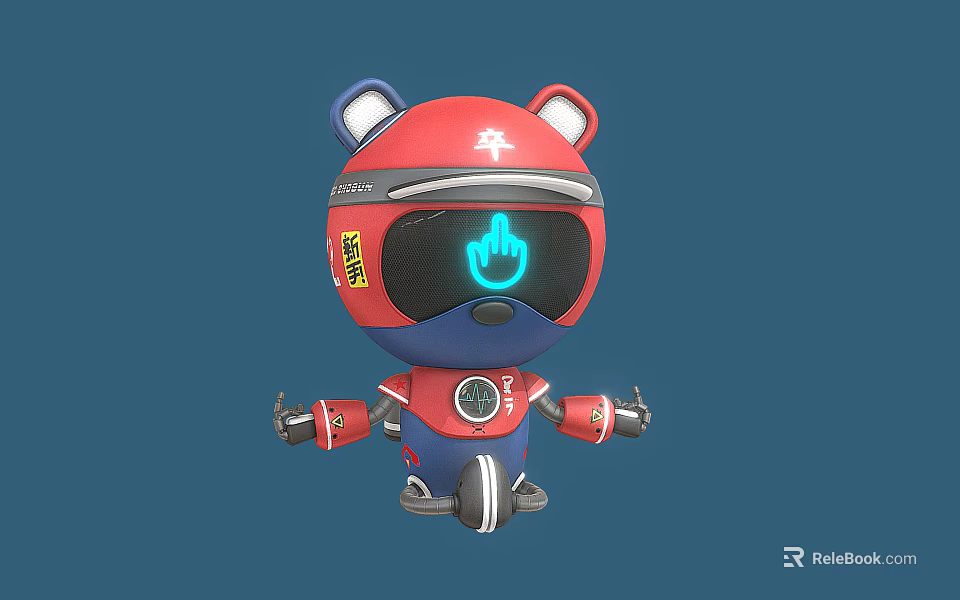 Smart Red and Blue Robot Toy with Bear Ears Helmet Glowing Handprint and Mechanical Arms 3d model 