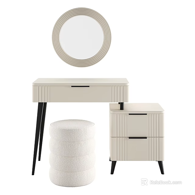 White Modern Bedside Table with Drawers Black Legs Dressing Table Round Mirror and Stool 3d model