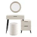 White Modern Bedside Table with Drawers Black Legs Dressing Table Round Mirror and Stool 3d model