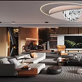 Modern Living Room Interior With Round Ceiling Light Sofa Chairs And TV Wall