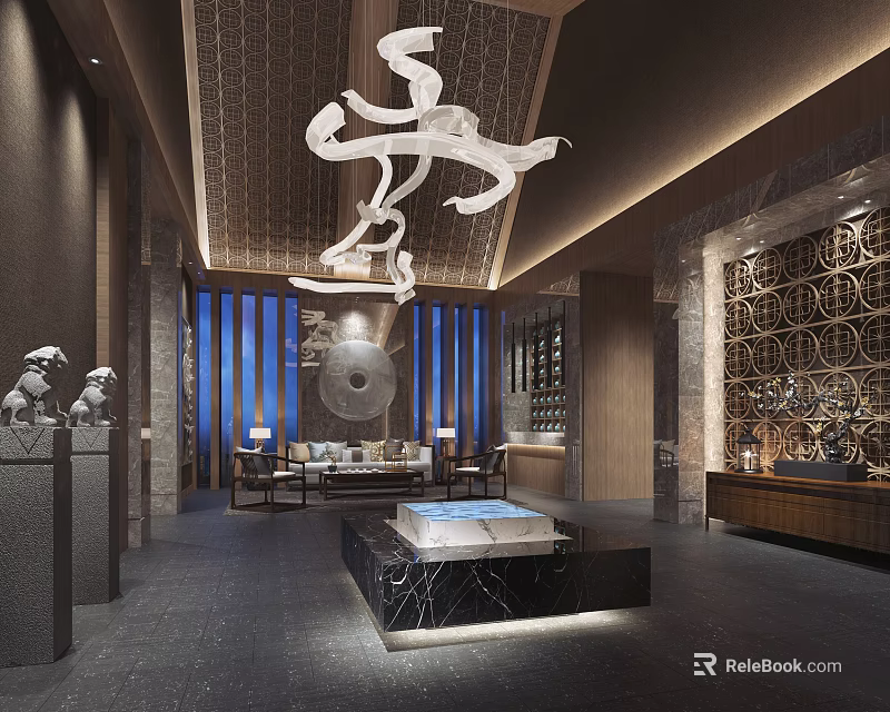 Luxury Hotel Lobby With Chinese Decor Marble Flooring Sofa Area And Chandelier 3d model 