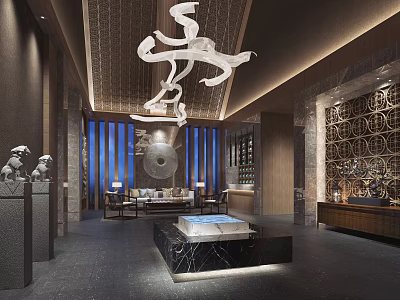 Luxury Hotel Lobby With Chinese Decor Marble Flooring Sofa Area And Chandelier 3d model