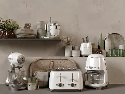 Stylish Modern Kitchen Appliances Mixer Toaster Coffee Maker With Shelf Decor Jars Bottles And Plants 3d model