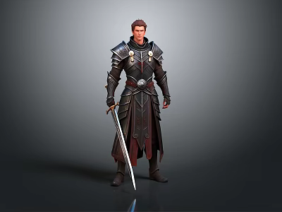 Man In Dark Medieval Armor Holding Sword With Intricate Shoulder Plates And Cape 3d model