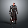 Man In Dark Medieval Armor Holding Sword With Intricate Shoulder Plates And Cape