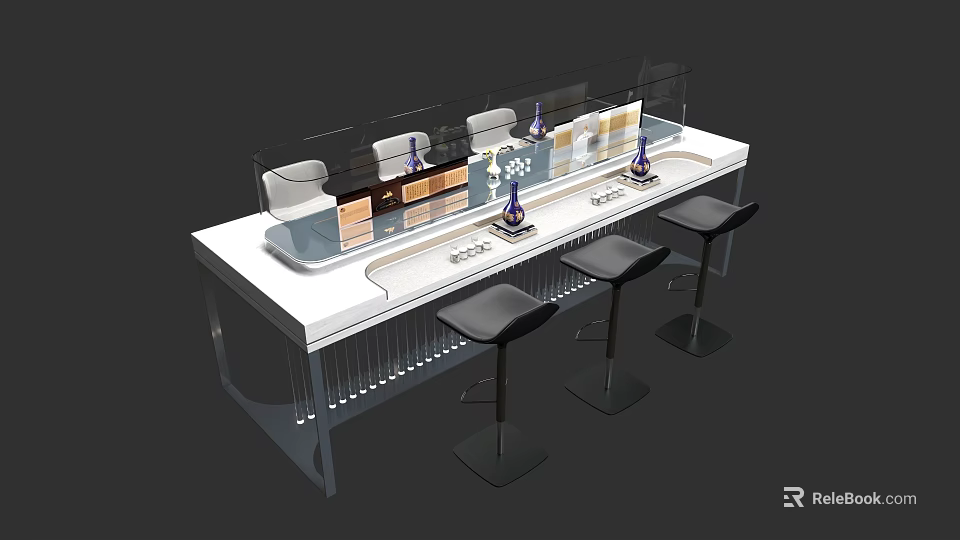 Modern Dining Table with Transparent Dividers Black Bar Stools and Decorative Items 3d model