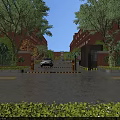Modern Industrial Park Entrance With Access Control System Lush Greenery And Elegant Red Brick Buildings