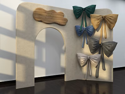 Beige Arched Storefront With Wooden Plaque and Multiple Colored Bows Green Blue Gold Gray Silver 3d model