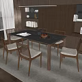 Modern Wooden Dining Table Set With Six Chairs And Bookshelves On Rug