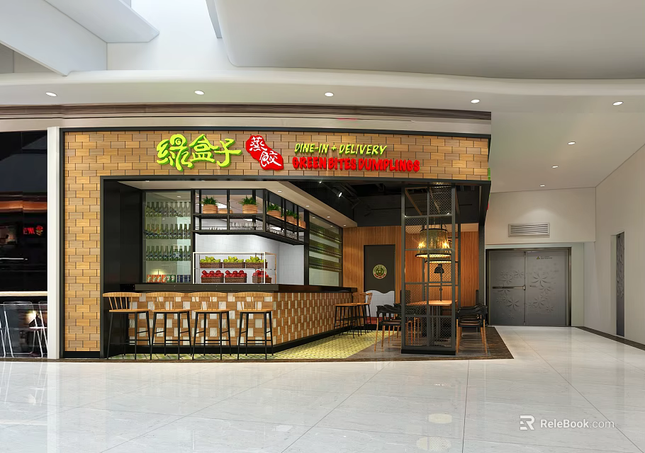 New York Style Restaurant With Modern Interior Wooden Counter And Seating Area 3d model 