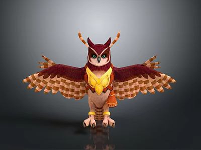 Flying Owl with Red and Brown Feathers and Golden Decorations Spread Wings 3d model