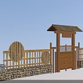 Traditional Roofed Entrance With Stone Wall Bamboo Fence Circular Decorations And Wooden Gate