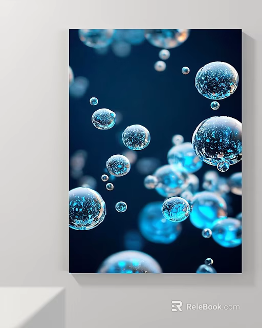 Abstract Painting with Blue Transparent Glossy Bubbles on Deep Blue Background and Floating Light Effects 3d model 