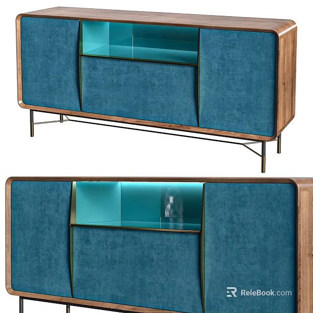Elegant Modern Blue Wooden Sideboard Cabinet With Glass Doors And Interior Lighting Design 3d model 