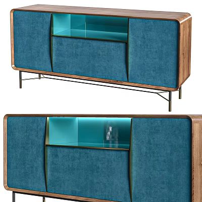 Elegant Modern Blue Wooden Sideboard Cabinet With Glass Doors And Interior Lighting Design 3d model