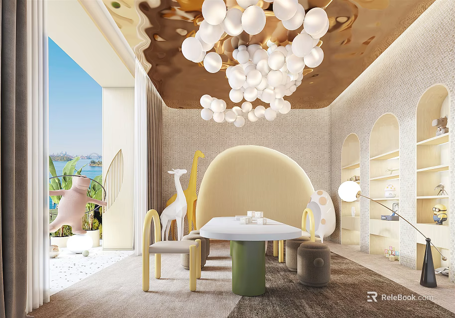 Stylish Entertainment Room Interior With White Ball Chandelier Arched Shelves Animal Decor And Sea View 3d model 
