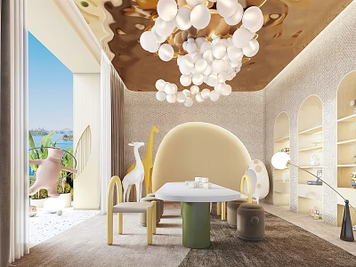 Stylish Entertainment Room Interior With White Ball Chandelier Arched Shelves Animal Decor And Sea View 3d model