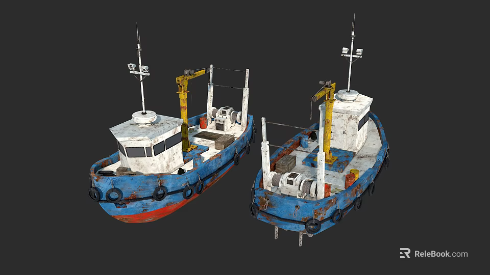 Two Blue And White Work Boats With Yellow Cranes Red Bottom Black Tires 3D Render 3d model 