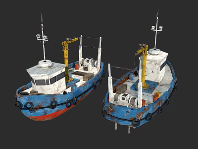Two Blue And White Work Boats With Yellow Cranes Red Bottom Black Tires 3D Render 3d model