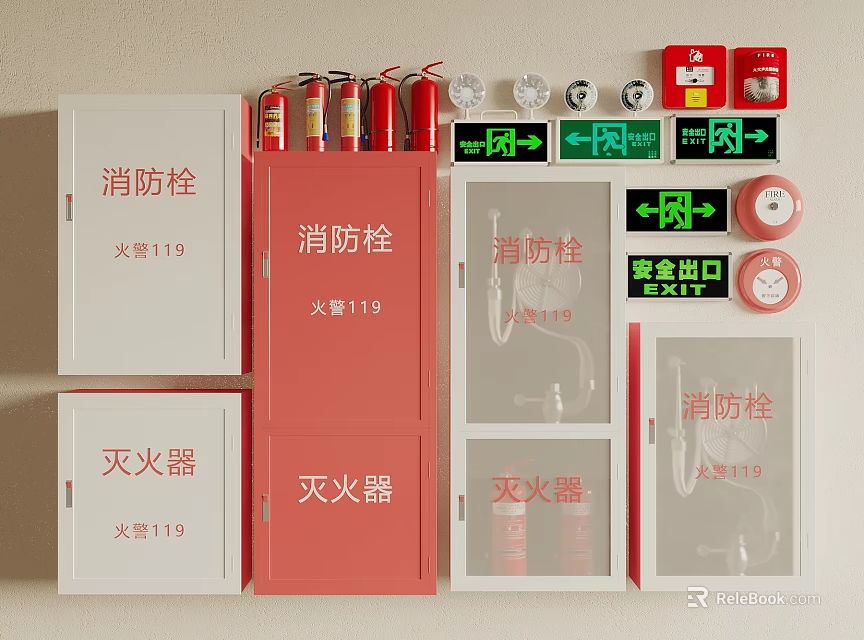 Fire Protection Equipment With Hydrants Extinguishers And Exit Signs 3d model
