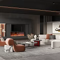 Modern Living Room Interior With White Sofa Orange Armchairs Fireplace TV Wall And Display Shelves