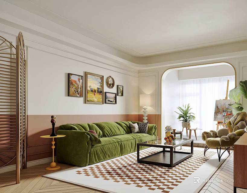 Elegant Living Room Interior With Green Sofa Decorative Paintings Natural Light And Plant 3d model 
