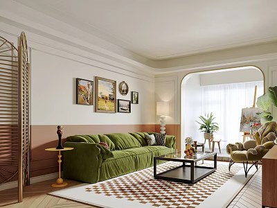 Elegant Living Room Interior With Green Sofa Decorative Paintings Natural Light And Plant 3d model