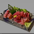 Fresh Red Sashimi on Transparent Square Plate with Green Garnish Yellow Flower and Side Dishes