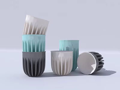 Modern Colorful Ceramic Cups With Ribbed Design In Blue Gray And White Stacked Arrangement 3d model