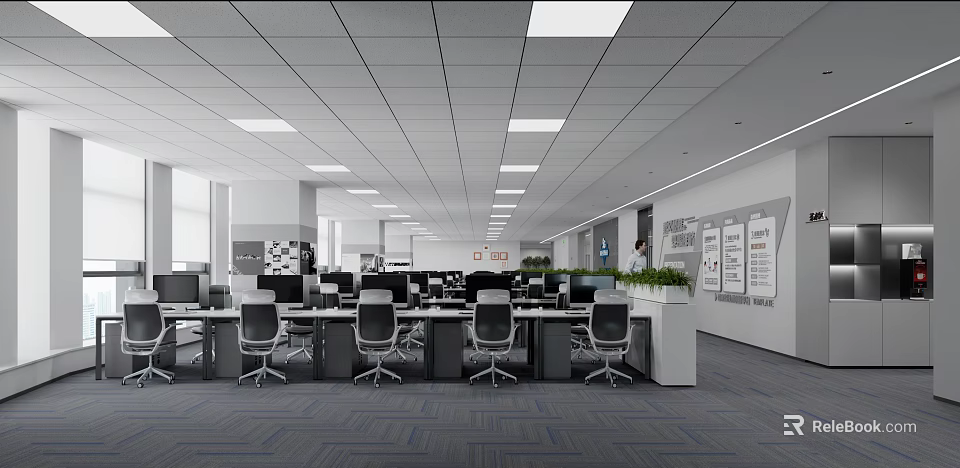 Modern Public Office Area With Workstations Computers Ergonomic Chairs Ceiling Lights And Green Plants 3d model 